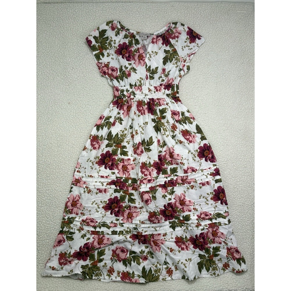 Laura Ashley Floral Midi Dress Linen Blend Size S Smocked Tiered Dainty Feminine